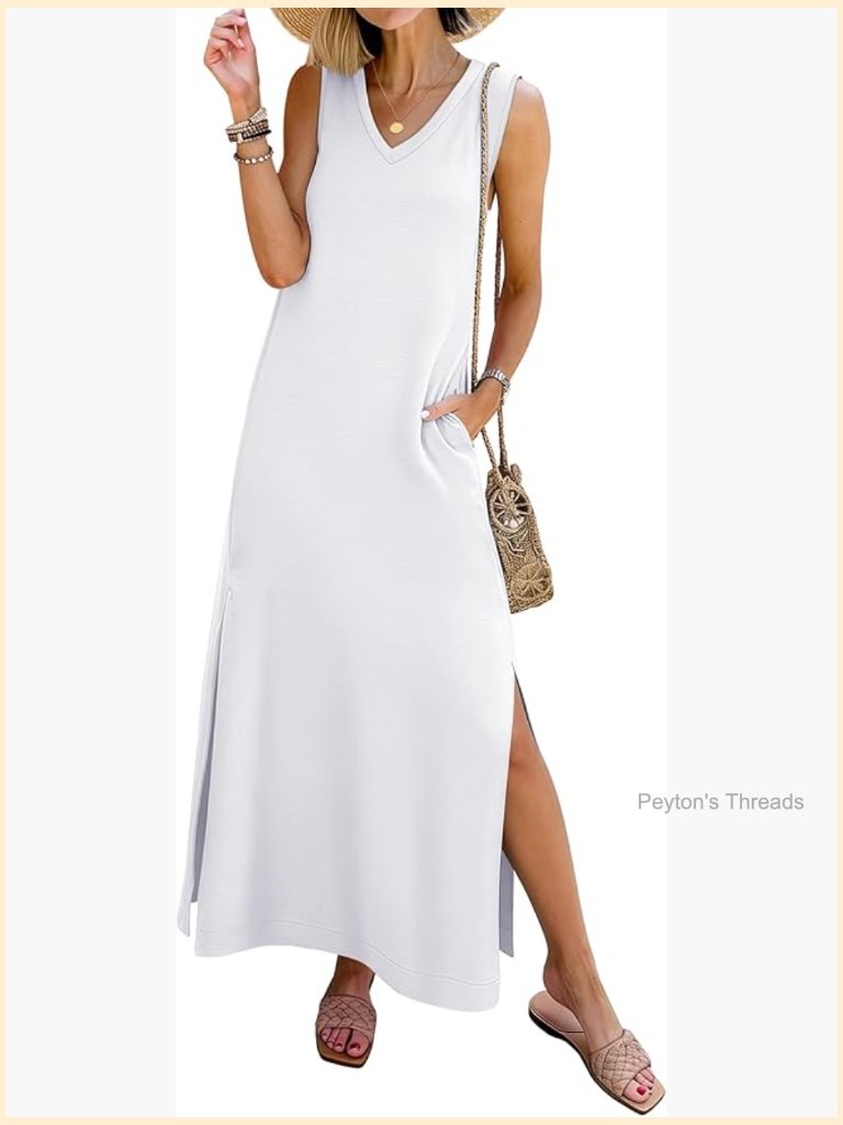 V Neck Sleeveless Tank Maxi Dress Side Slit Pockets Beach Vacation